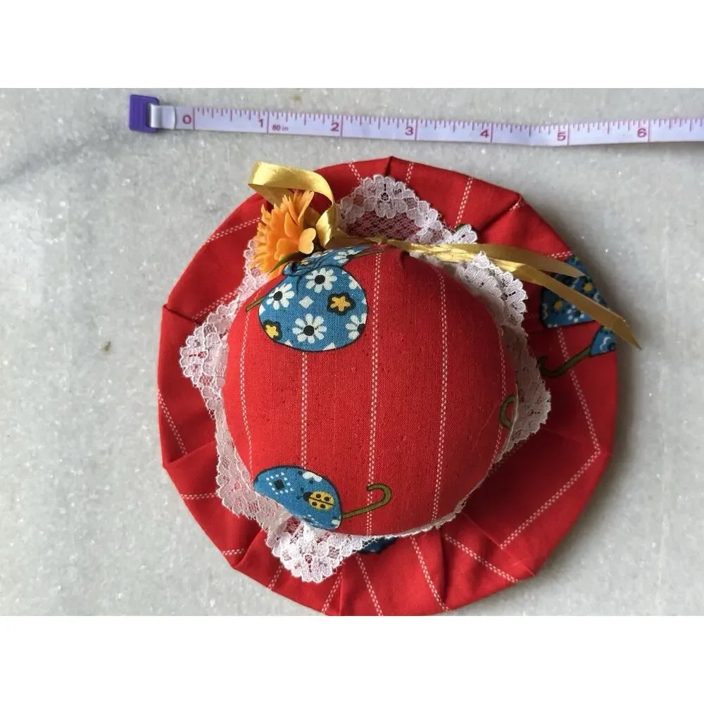 red hat Pin Needle Cushion vintage lacy brim flower sewing Accessories 6” X 6”